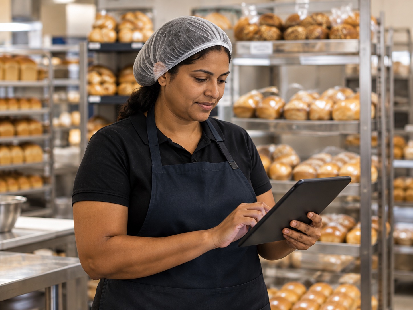 A bakery employee checking a leave request on a tablet